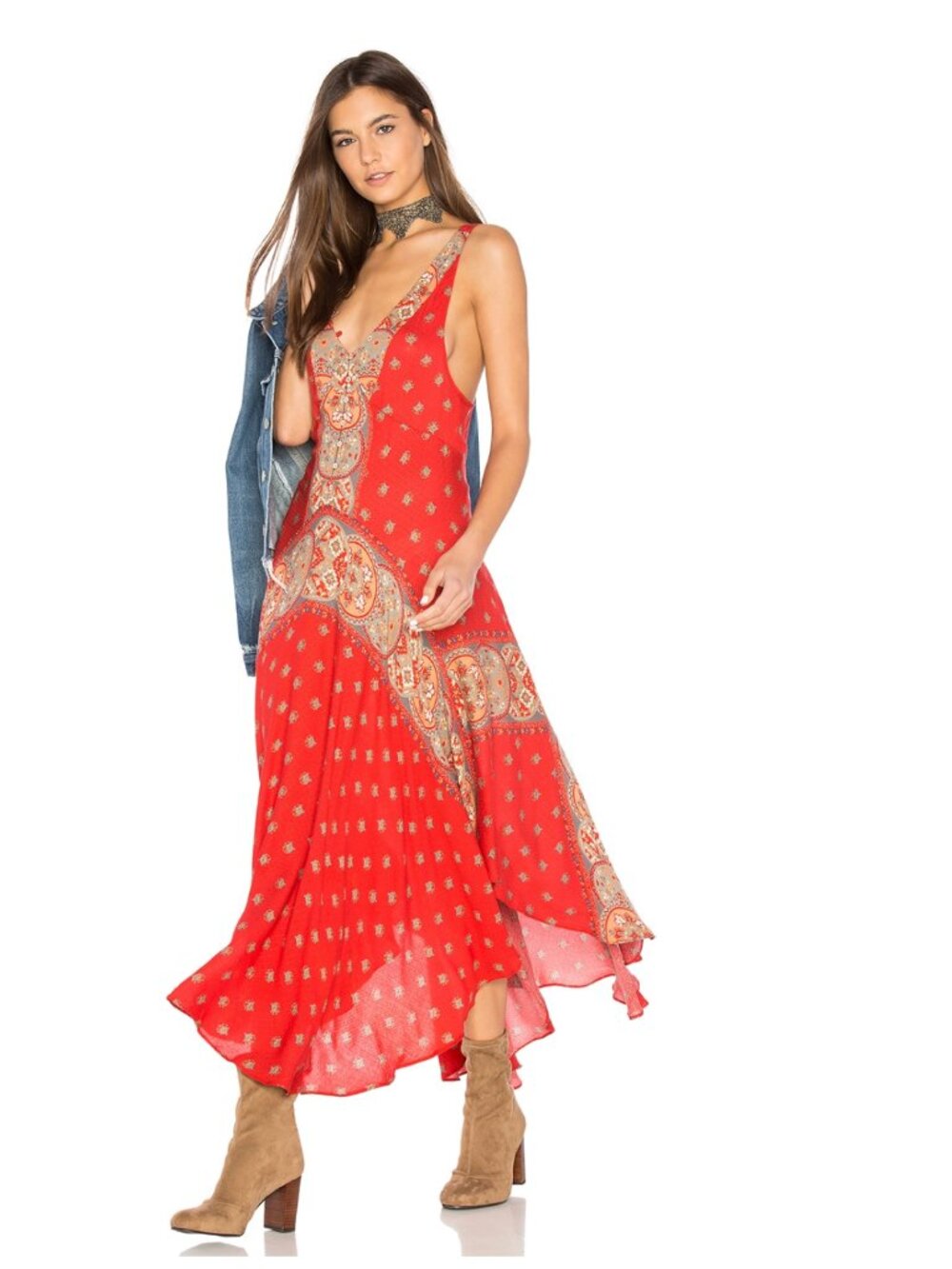 Free People Faithfully Yours V Neck Slip Dress Maxi Red Floral Boho Hippie XS